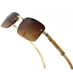Rimless Sunglasses Rectangle Brown Lens Gold Frame Hip Hop Marble Arms‎ Lentes